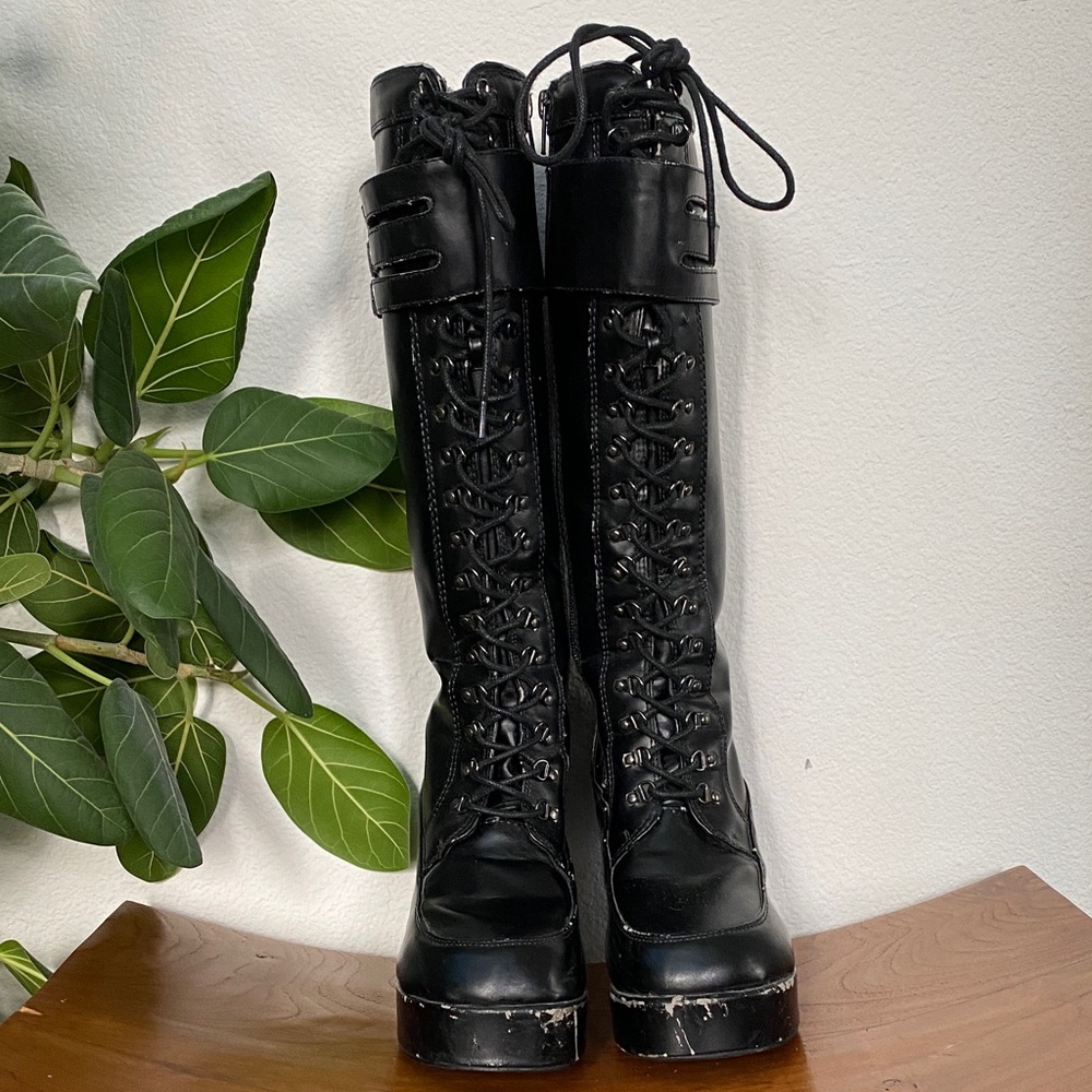 T.U.K Black Lace-Up High Platform Boots - Picture 3 of 16
